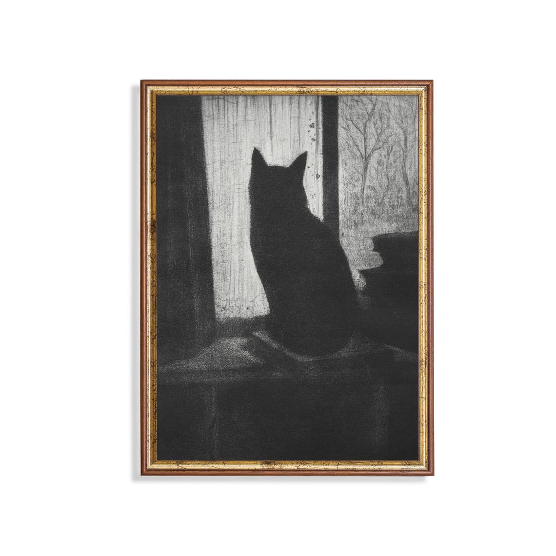 Black Cat Silhouette by a Window Dark Charcoal Sketch Poster