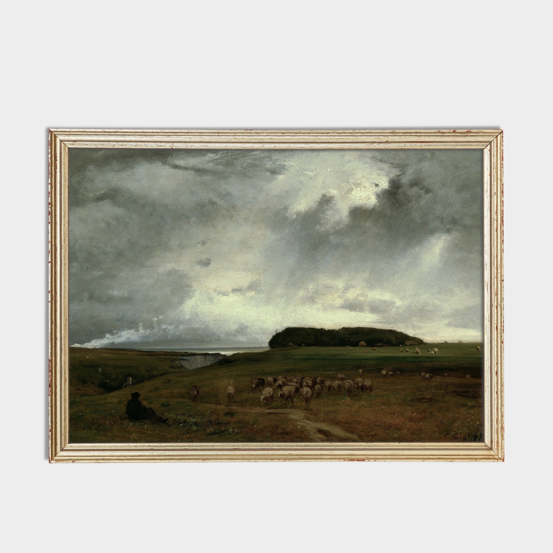 Shepherd with a Sheep Flock by the Cliffs Stormy Landscape Poster - Image 2