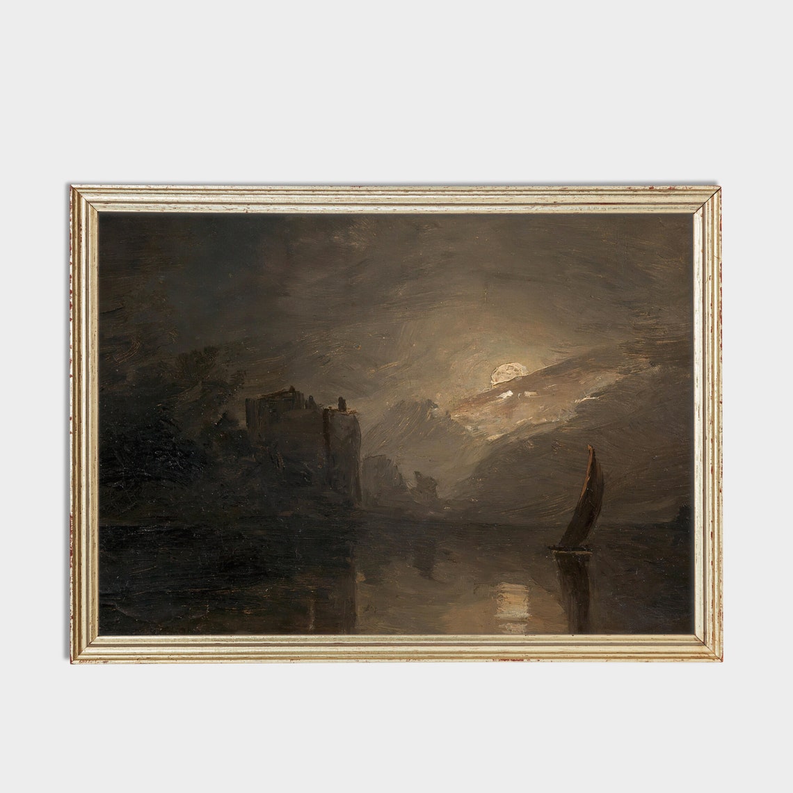 Vintage Landscape Painting Antique Seascape Moonlight Print Moody Rustic Coastal Fine Artwork Wall Art - Image 4