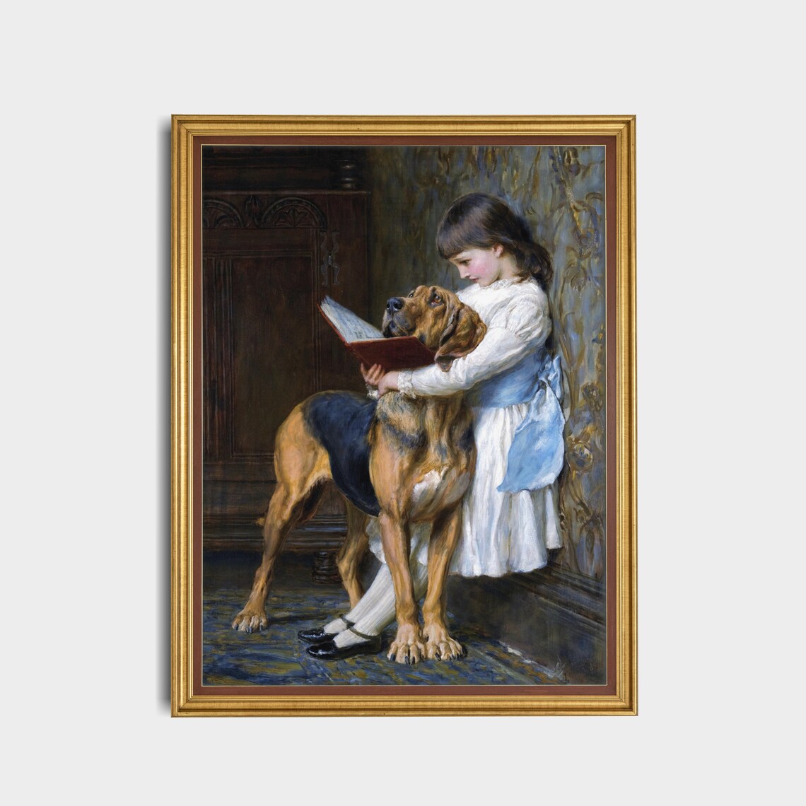 Vintage Young Girl With Dog And Book, Rustic Art Print - Image 3