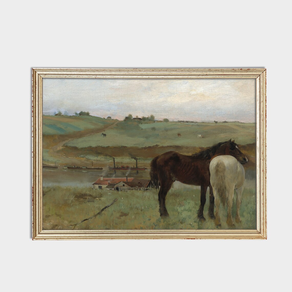 Two Horses in Meadow by Farmhouse Vintage Equestrian Painting Poster - Image 2