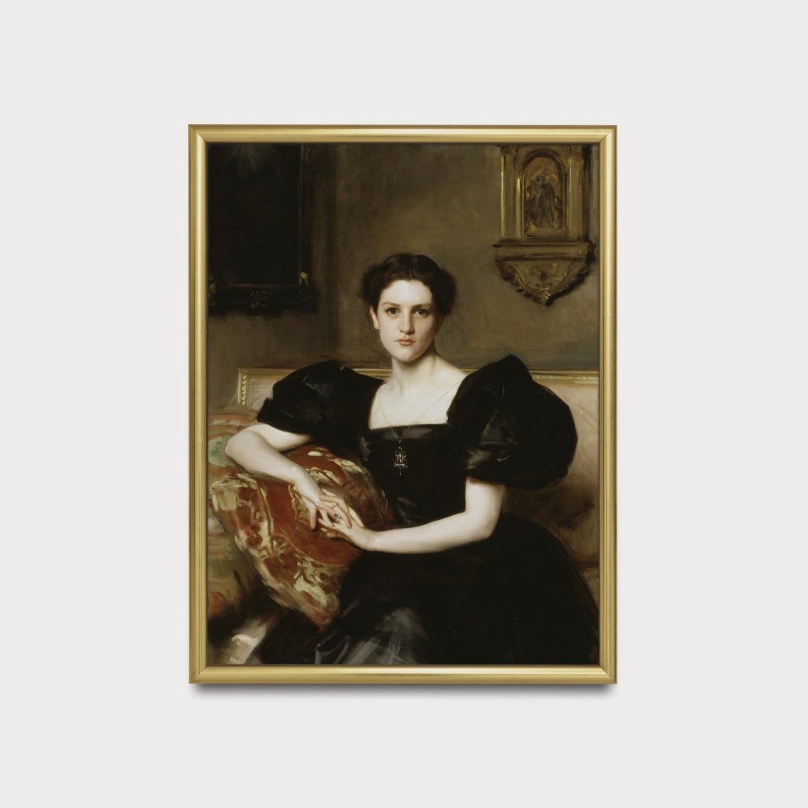 Seated Victorian Lady in Black Evening Dress Oil Portrait Poster - Image 3