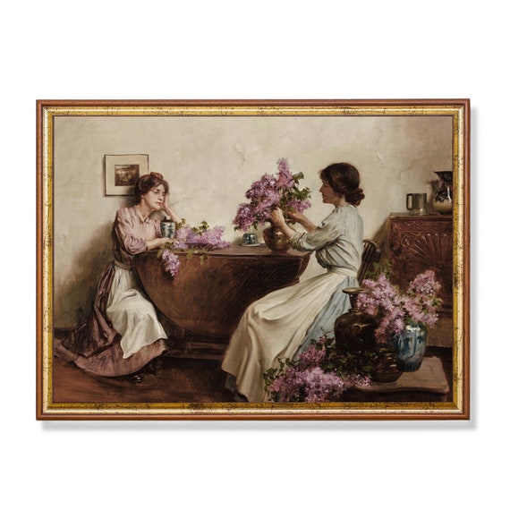 Printed And Shipped Vintage Woman Portrait Painting Women Arranging Flowers Antique Victorian Lady Moody Rustic Art Physical Print
