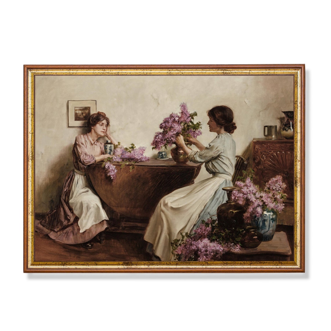 Two Women Arranging Lilacs at a Table Vintage Interior Poster