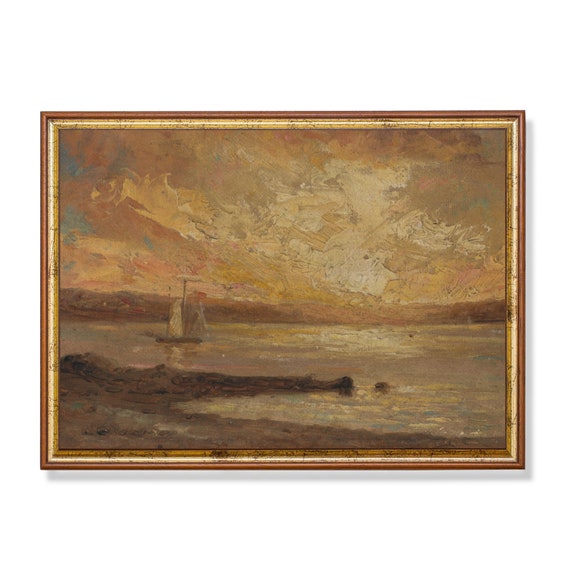 Printed And Shipped Vintage Seascape Painting Antique Fishing Boat Moody Rustic Oil Painting Print Coastal Decor Mailed Print
