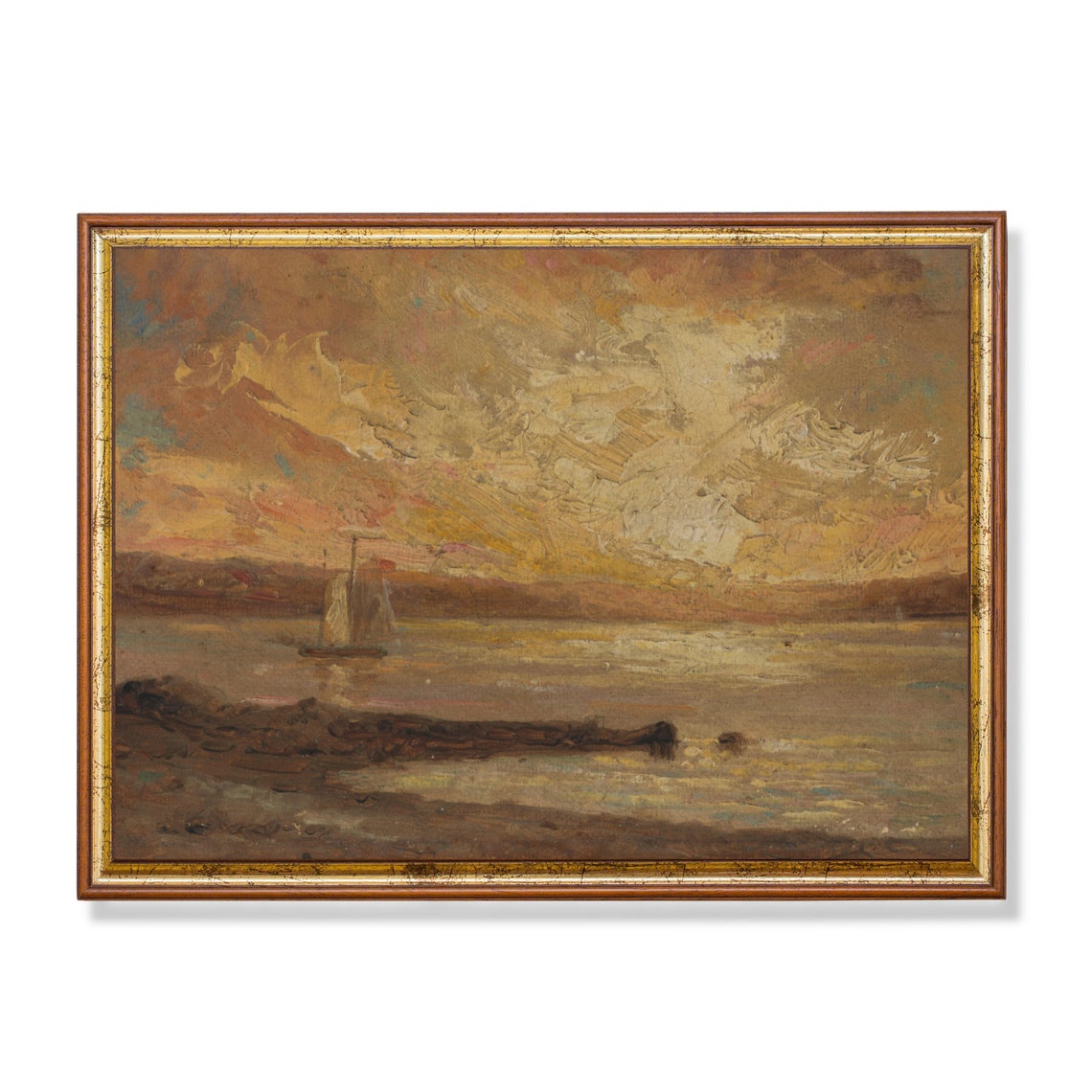 Golden Sunset Over Calm Waters with a Distant Sailboat Poster