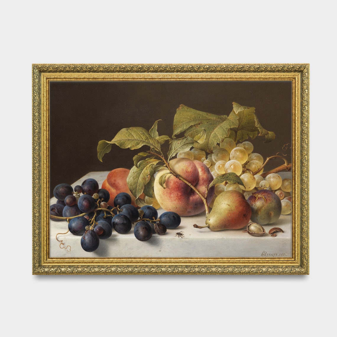 Still Life of Grapes Peaches and Pears Antique Fruit Painting Print - Image 3