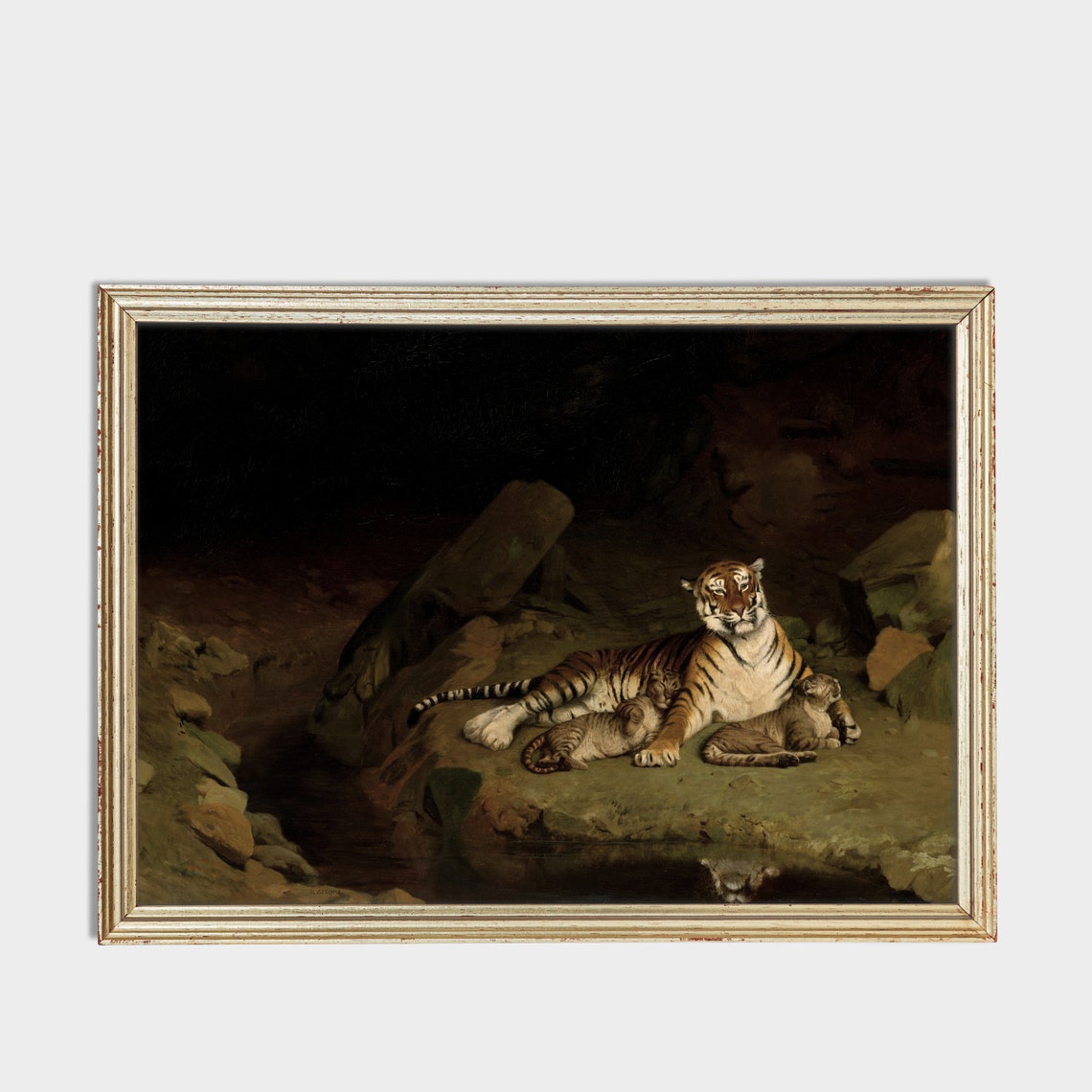 Printed And Shipped Tigers Painting Vintage Animal Print Dark Moody Rustic Wall Art Tiger And Cubs Oil Painting Farmhouse Decor - Image 2