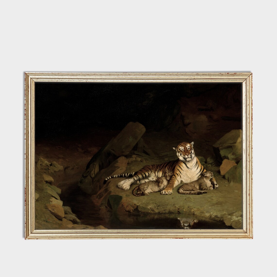 Tigress With Two Cubs Resting Vintage Wildlife Painting Poster - Image 2