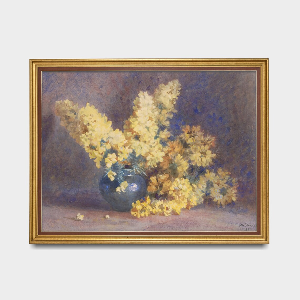 Golden Yellow Blossoms in a Blue Vase Floral Still Life Poster - Image 3