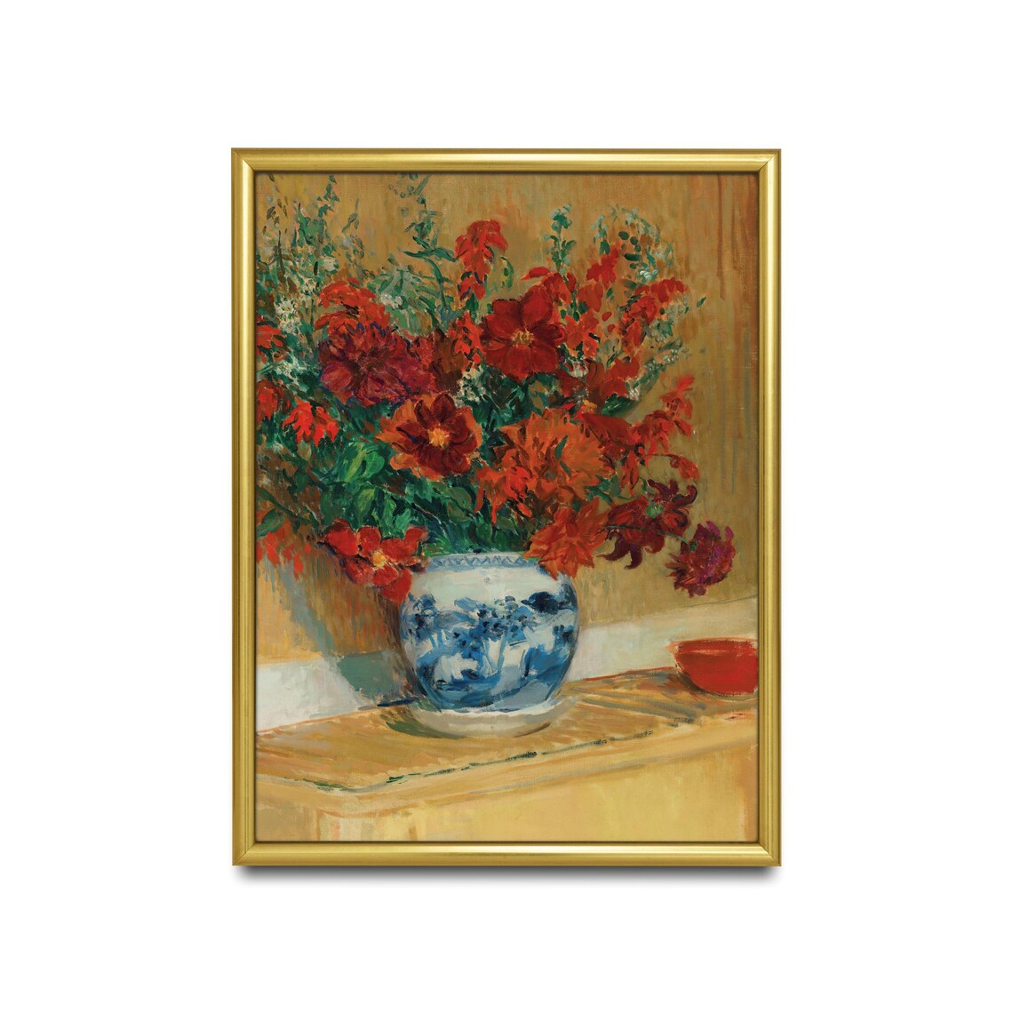 Bright Red Cosmos Bouquet in a Blue and White Vase Floral Poster - Image 2