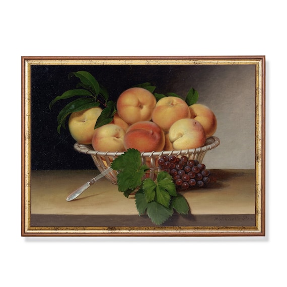 Print And Ship Still Life With Peaches Vintage Wall Art Moody Rustic Painting Antique Fruits Print Mailed Art Kitchen Wall Art