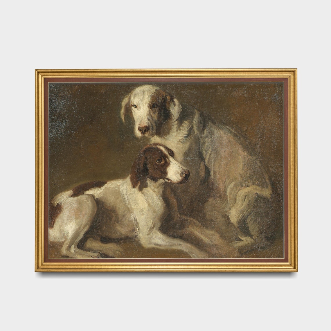 Two Pointer Dogs Resting in a Moody Interior Antique Oil Poster - Image 3