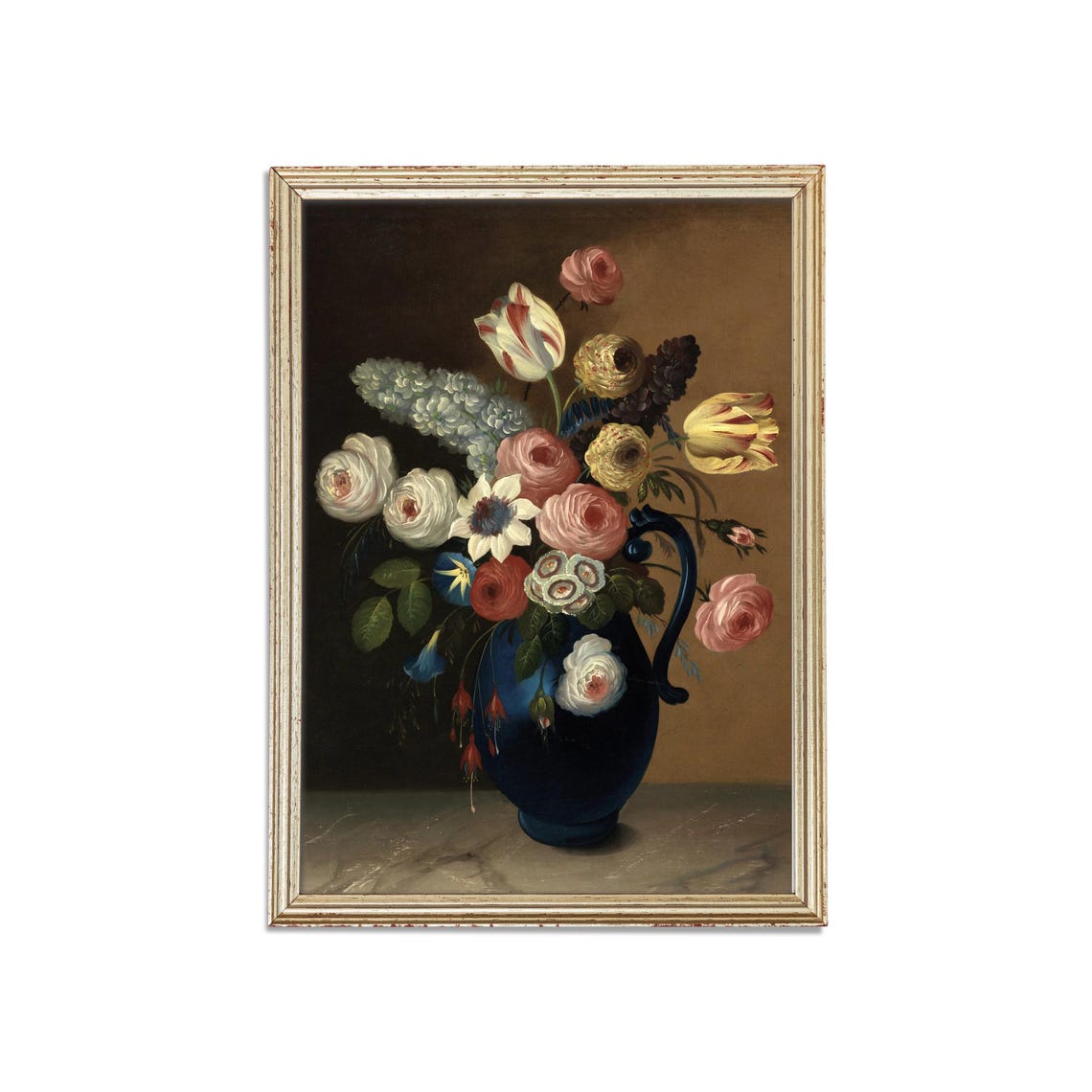Roses and Tulips Overflowing From a Blue Jug Still Life Poster - Image 3