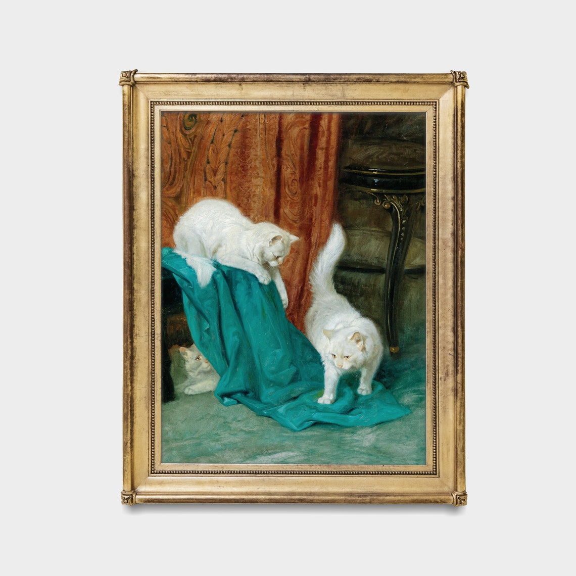 Three White Cats Playing With Teal Fabric In The Parlour Poster - Image 4
