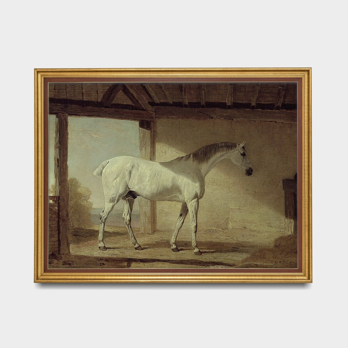 White Horse Standing in a Stable Vintage Equestrian Art Poster - Image 5