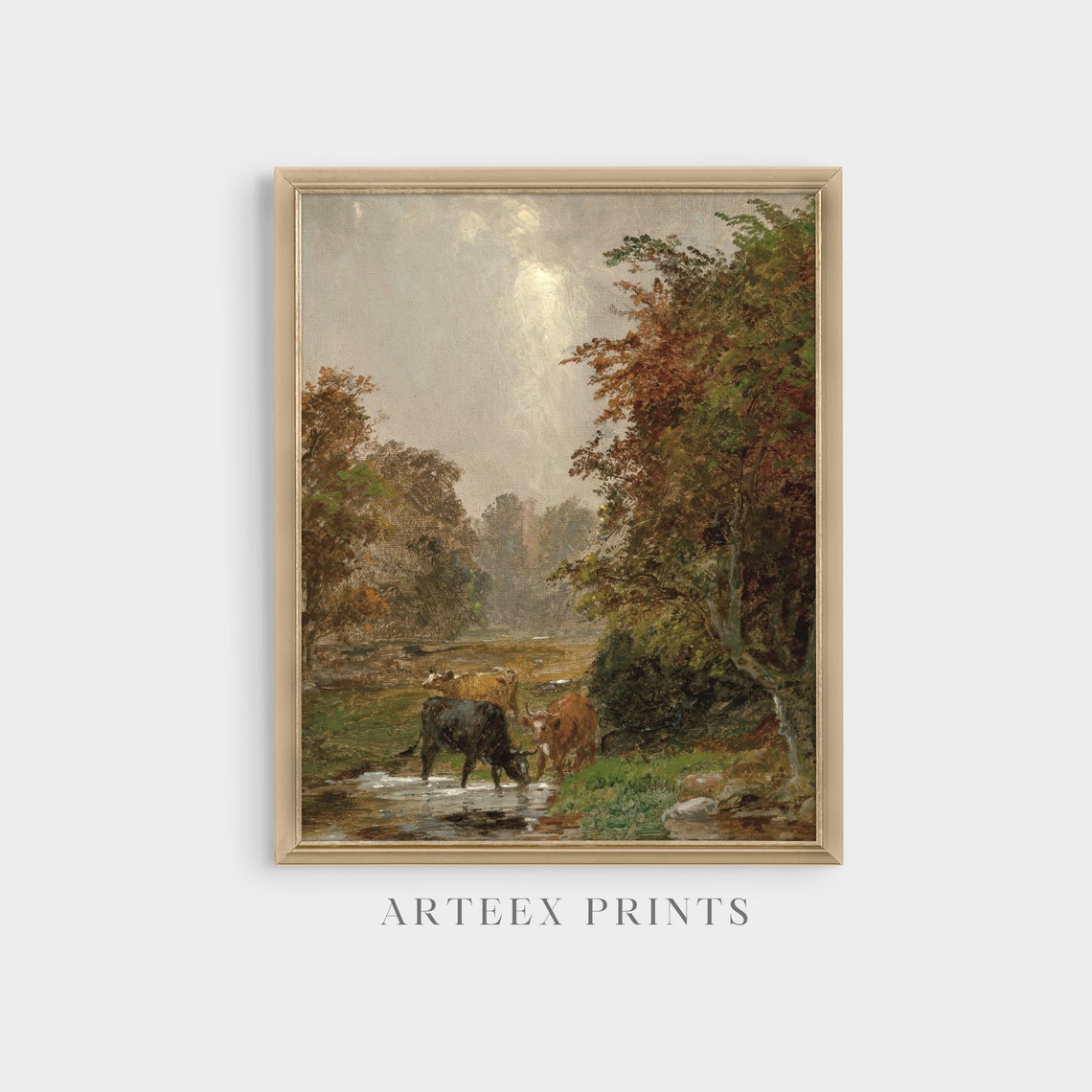 Cattle Drinking at the Stream Antique Autumn Landscape Poster - Image 5