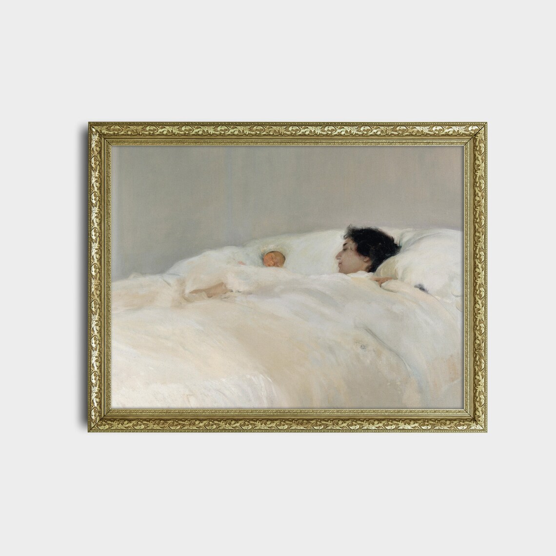 Mother and Newborn Baby Resting Together in White Bedding Poster - Image 2