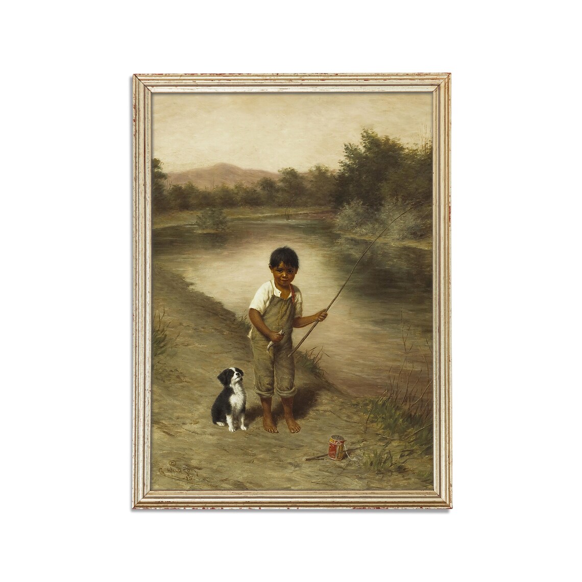 Young Boy Fishing Barefoot at the River With His Little Dog Poster - Image 2