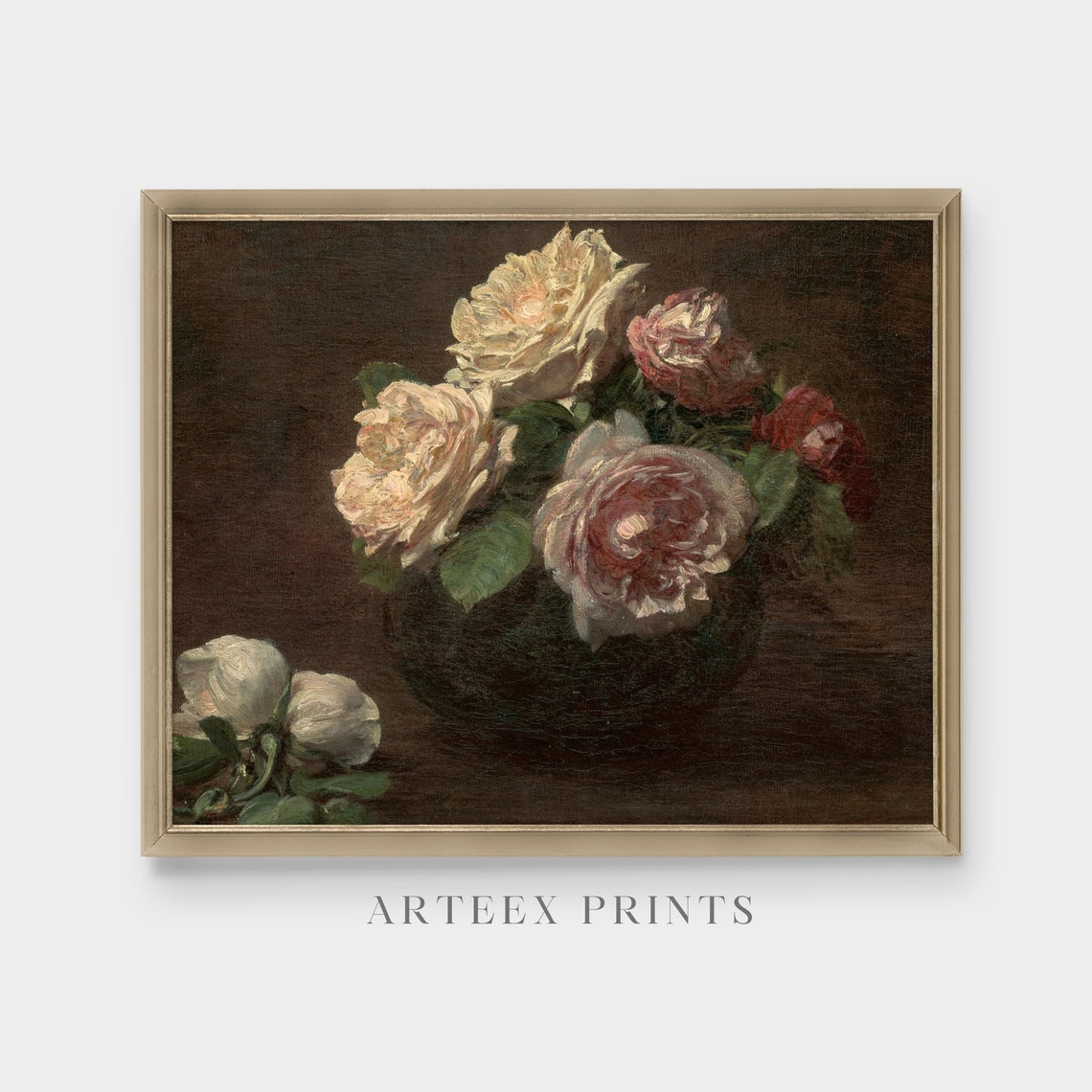 Blush Pink and White Roses Oil Still Life Antique Floral Poster - Image 4