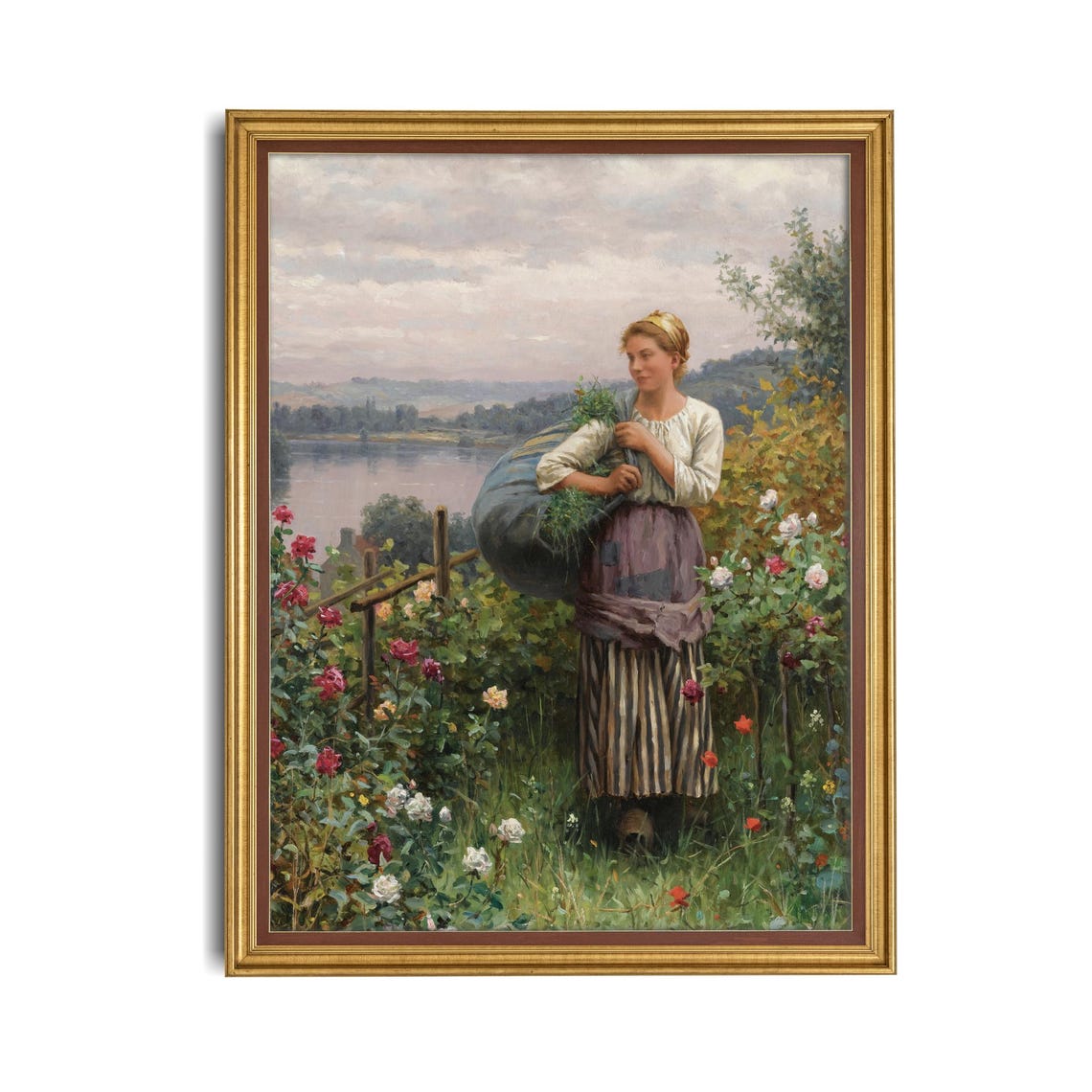 Young Woman Carrying Wildflowers in a Blooming Rose Garden Poster - Image 4