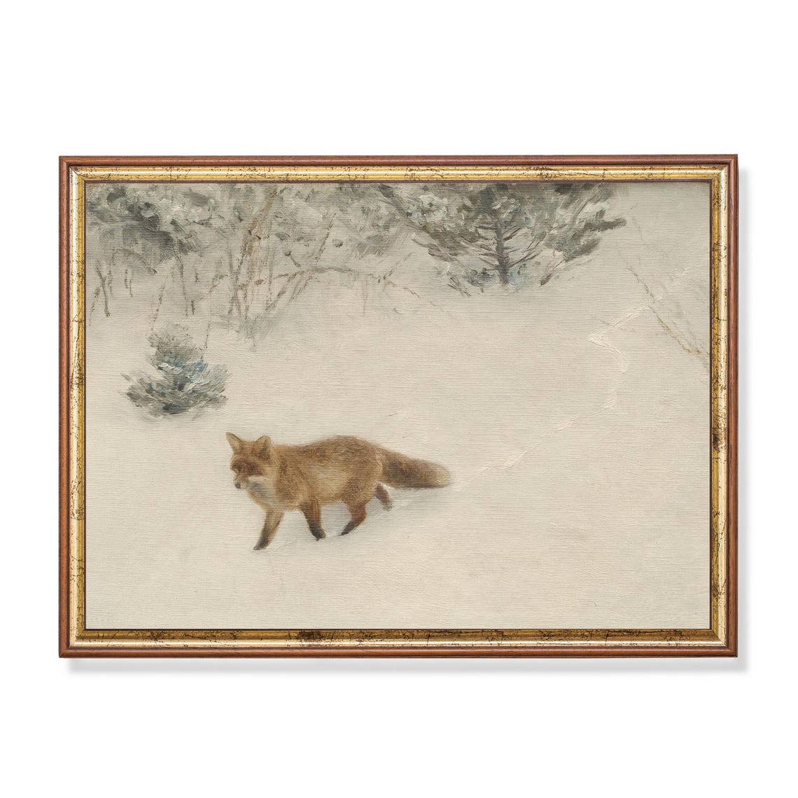 Vintage Red Fox Walking In Snowy Landscape Painting Wall Poster