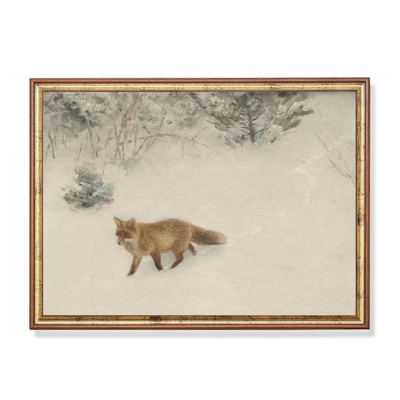 Vintage Red Fox Walking In Snowy Landscape Painting Wall Poster