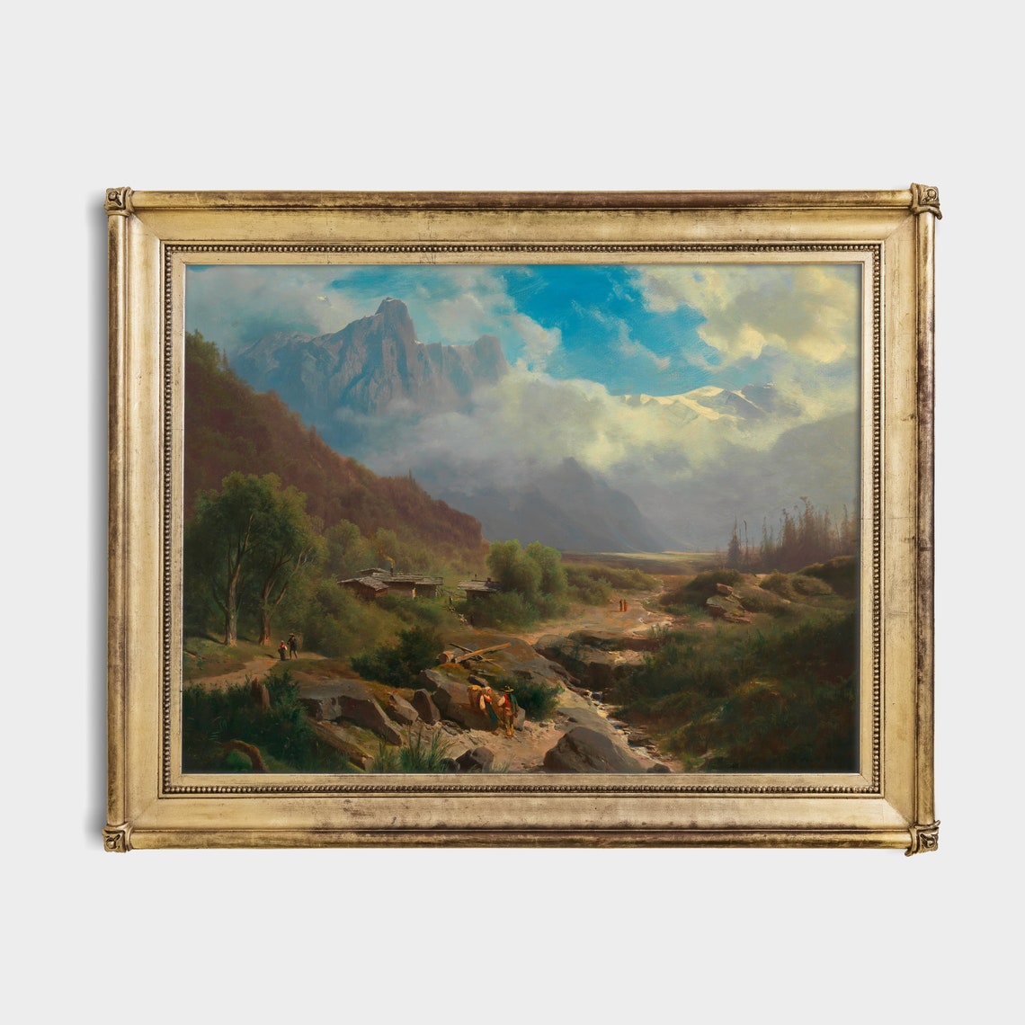Alpine Valley with Cabins and Stream Vintage Mountain Landscape Poster - Image 2