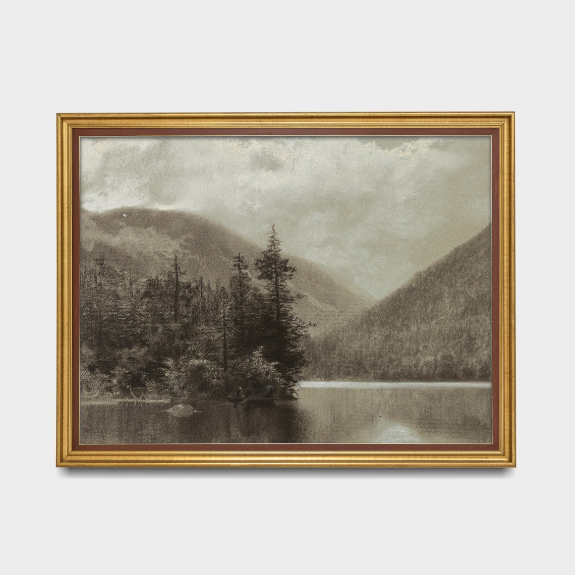 Misty Sepia Lake Pines Canoe Vintage Nature Landscape Sketch Poster - Image 4