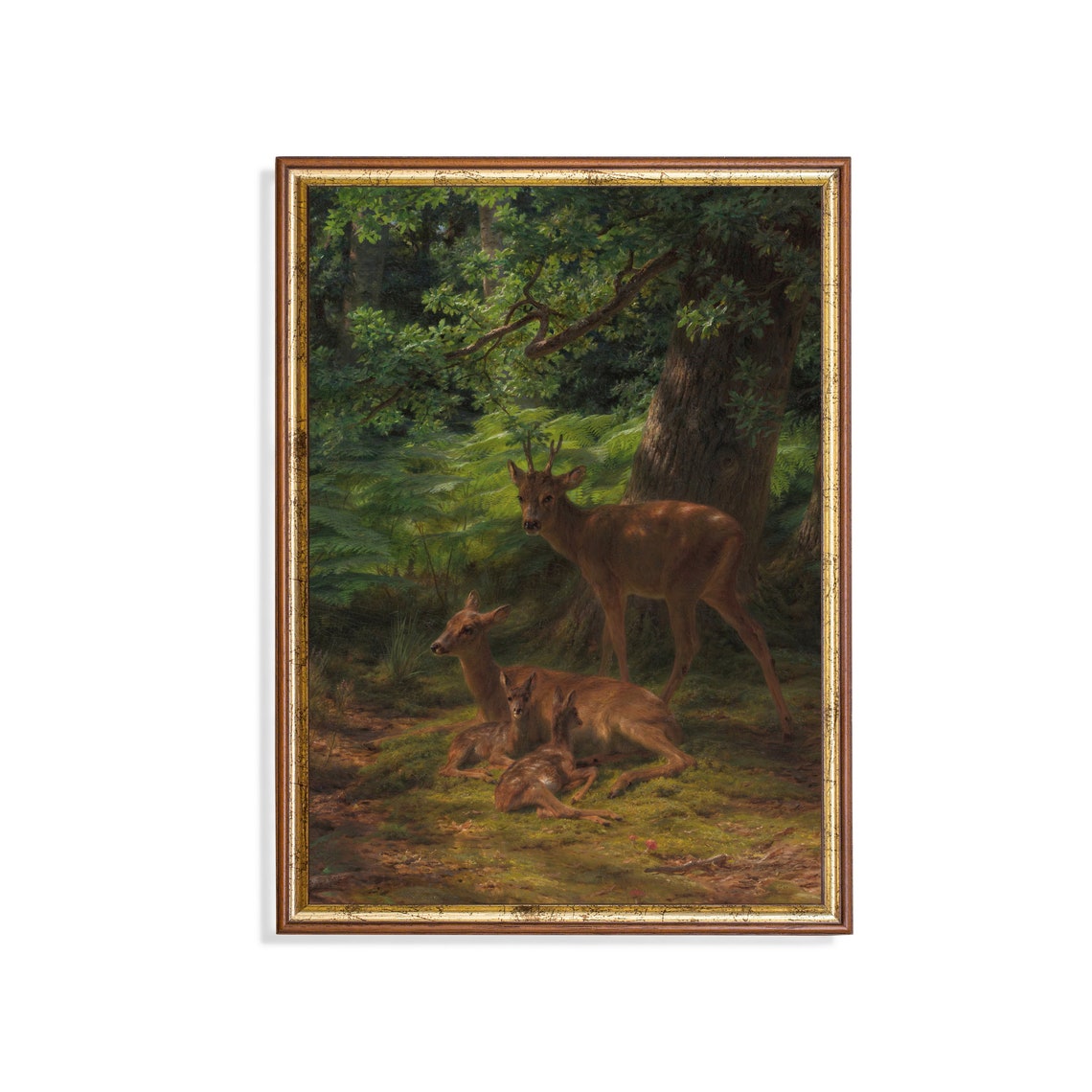 Buck Doe and Fawn in a Sunlit Forest Vintage Wildlife Poster