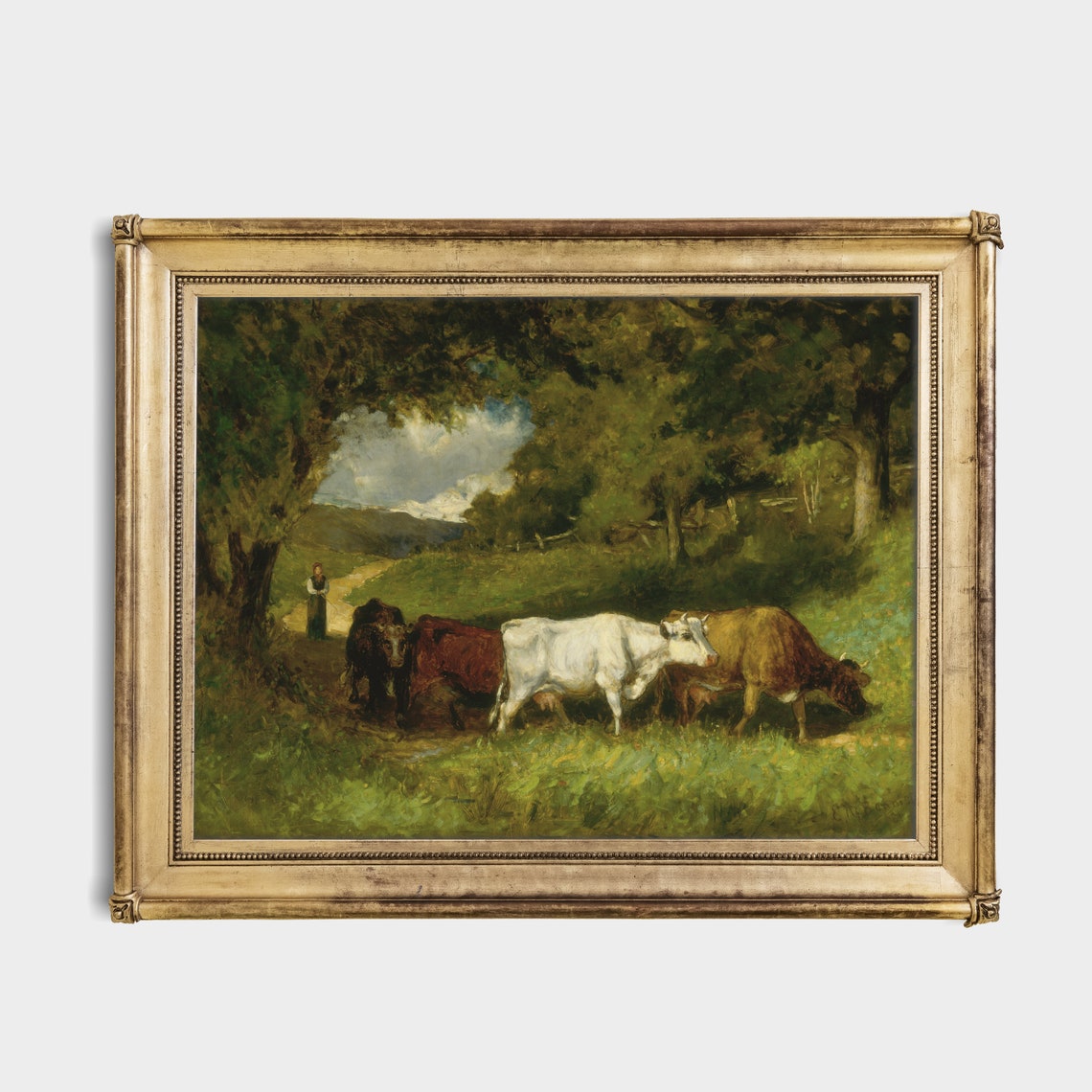 Cattle Herd Walking a Shaded Woodland Path with a Young Herder Poster - Image 4