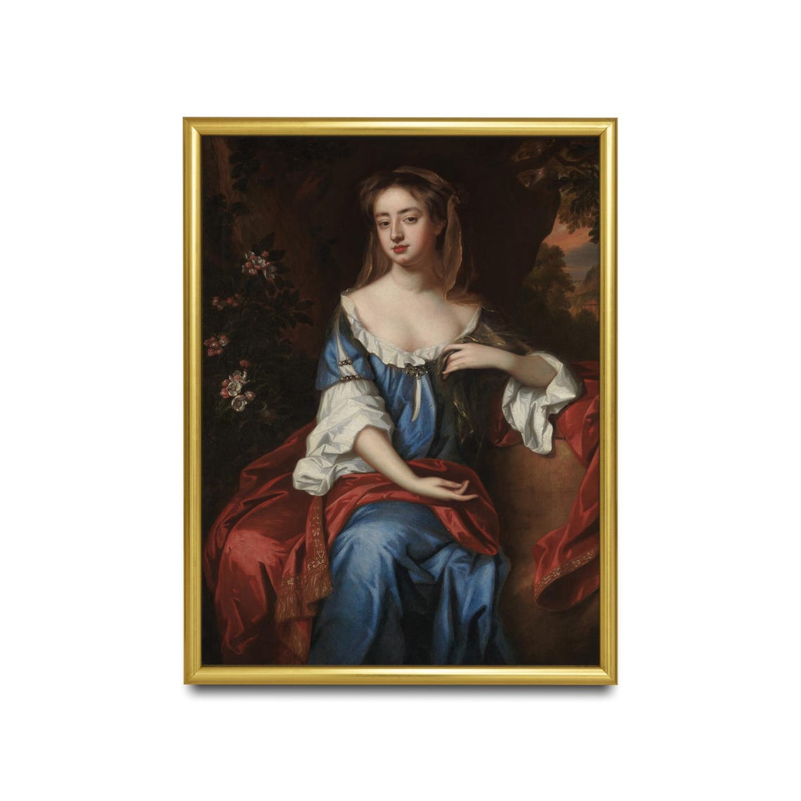 Baroque Lady in Blue Gown Red Drape Classic Portrait Art Poster - Image 2