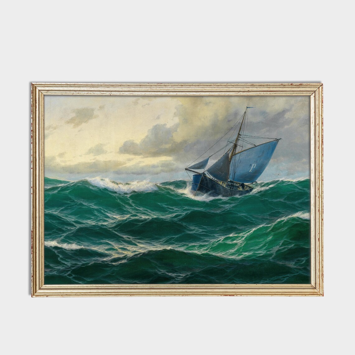Fishing Boat With Blue Sails in Heavy Seas Vintage Marine Poster - Image 2