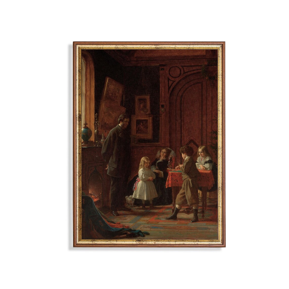 Victorian Christmas Eve Family by the Fireplace Vintage Poster