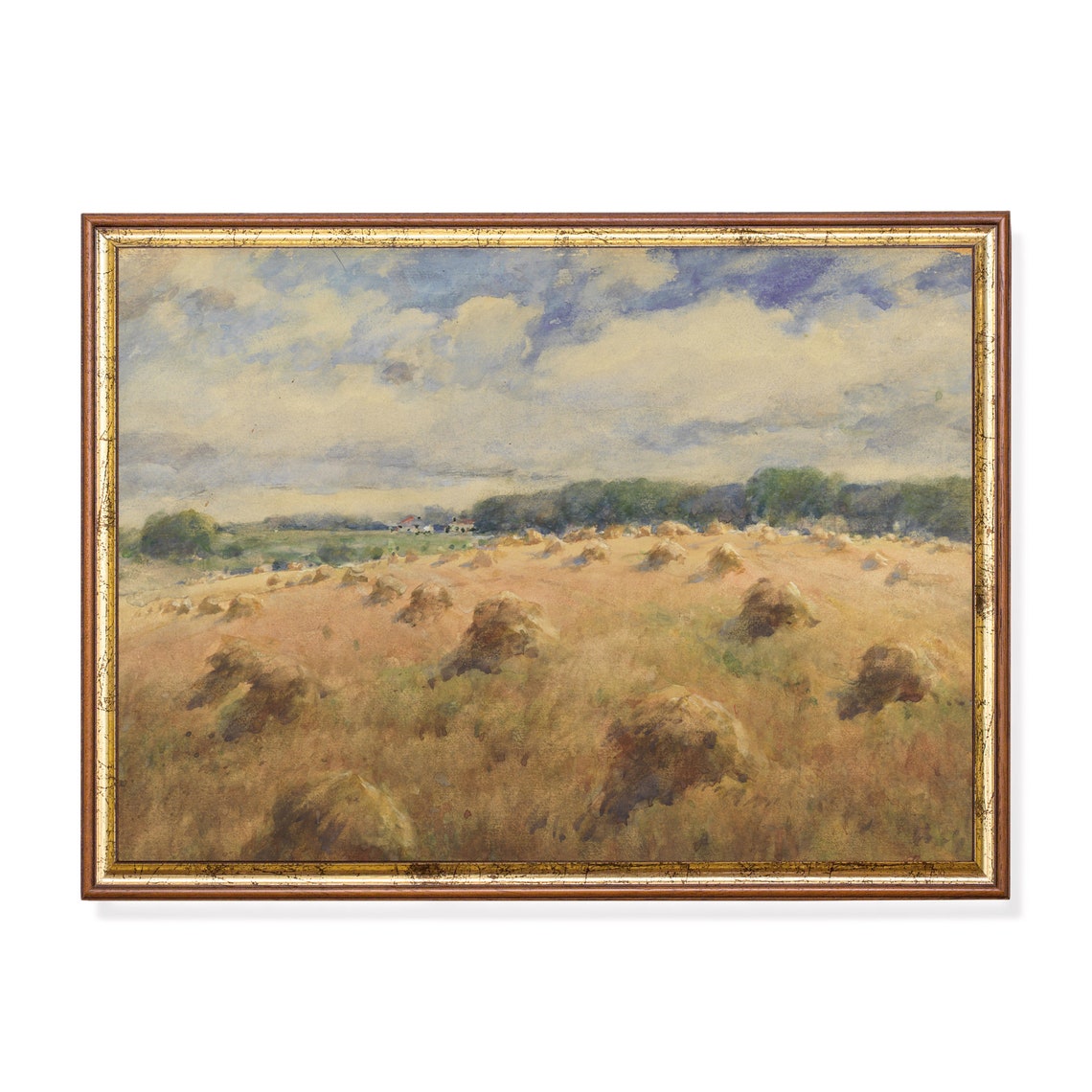 Harvest Field With Haystacks Under a Cloudy Sky Landscape Poster