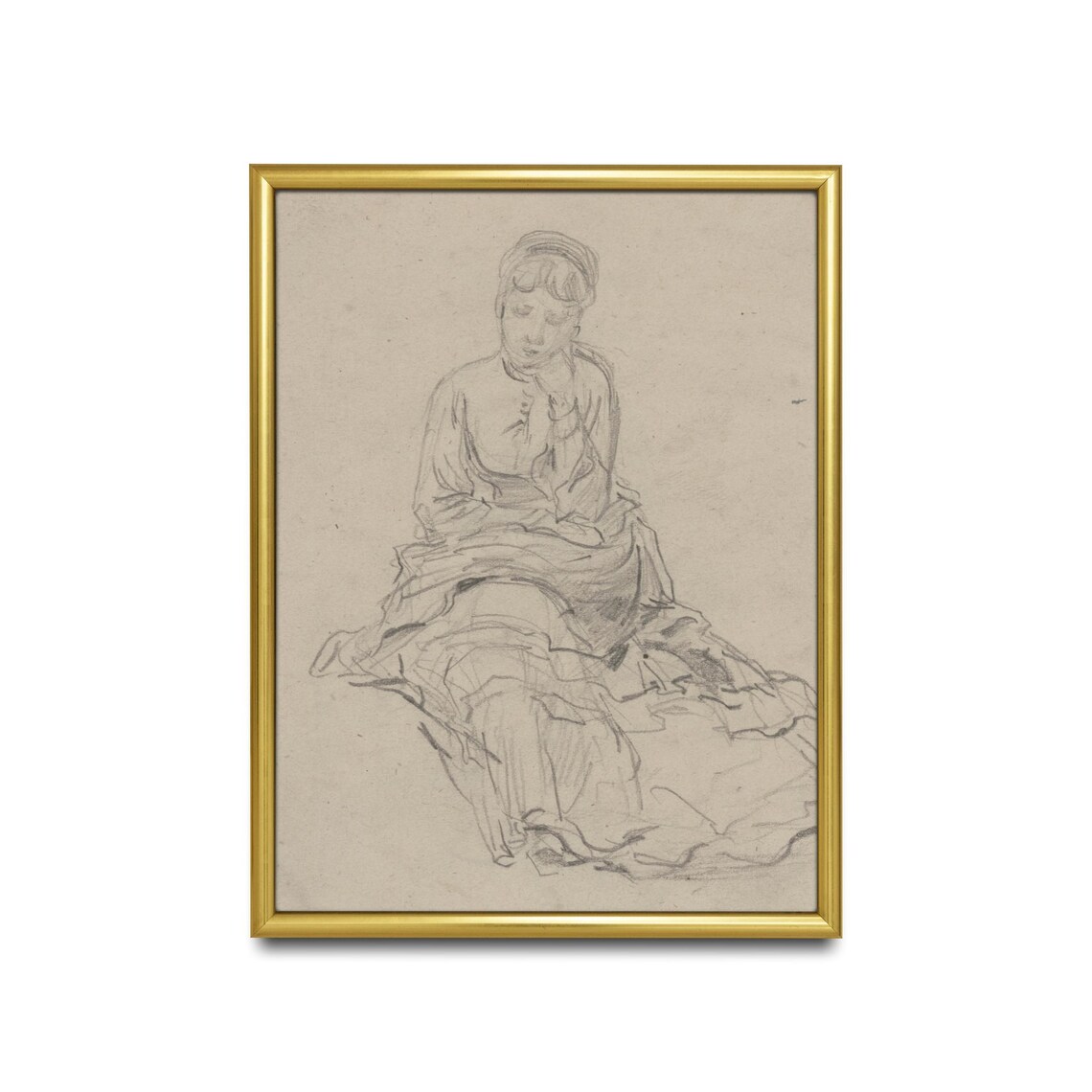 Seated Young Woman In A Dress Pencil Sketch Vintage Drawing Poster - Image 2