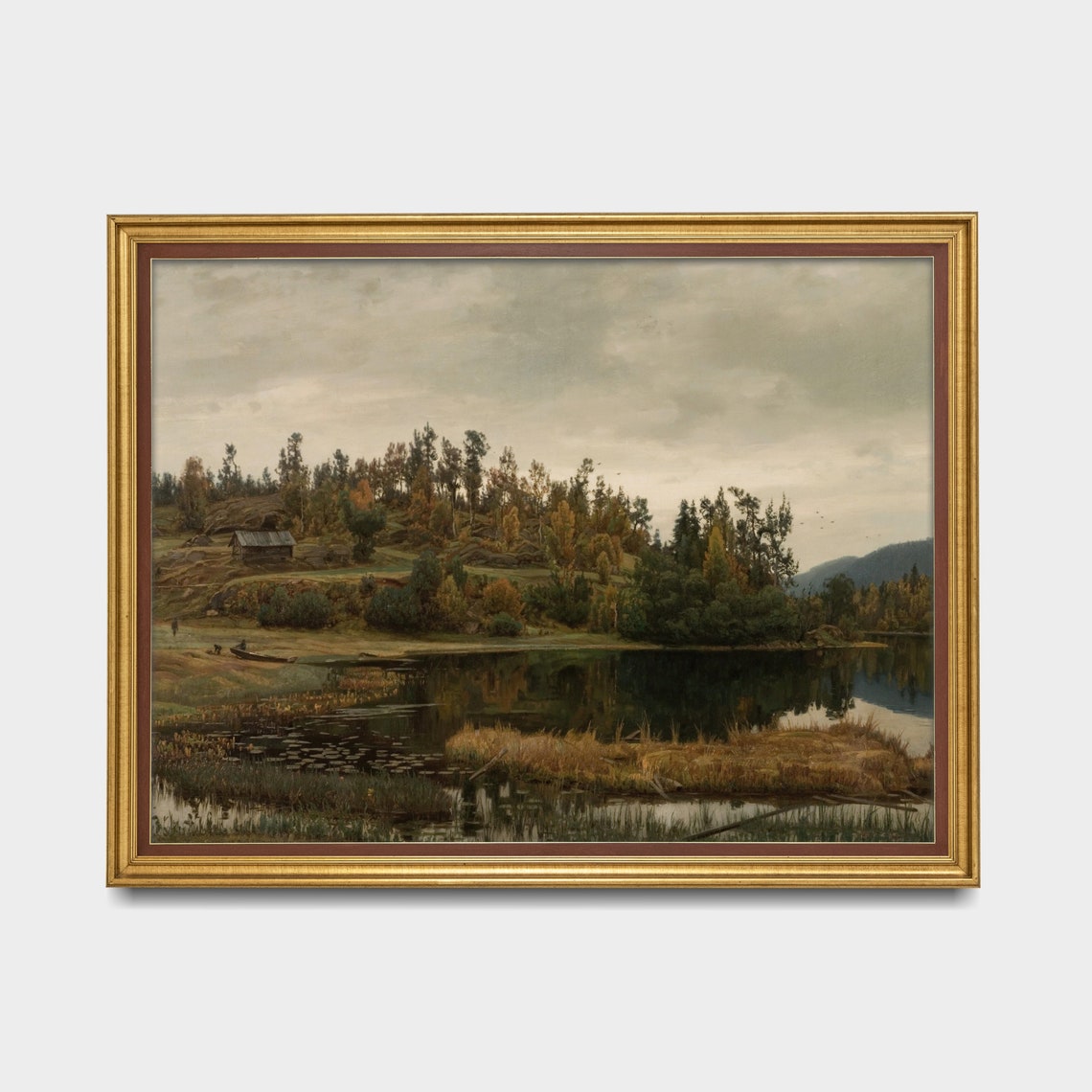 Autumn Lakeshore with Cabin Boat and Reflections Vintage Poster - Image 3