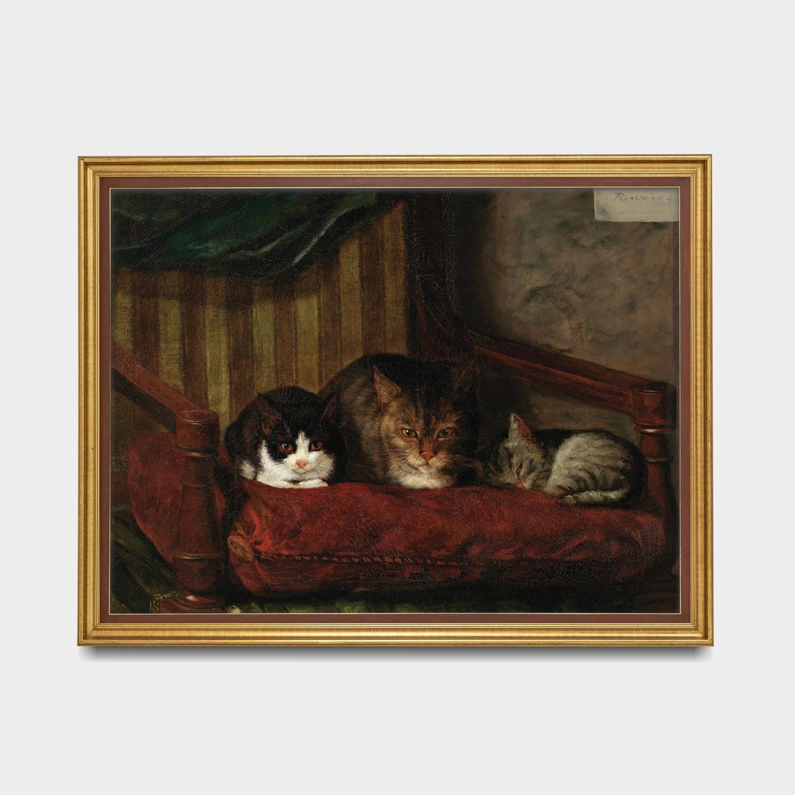 Three Cats on Deep Red Velvet Chair Vintage Feline Oil Poster - Image 5