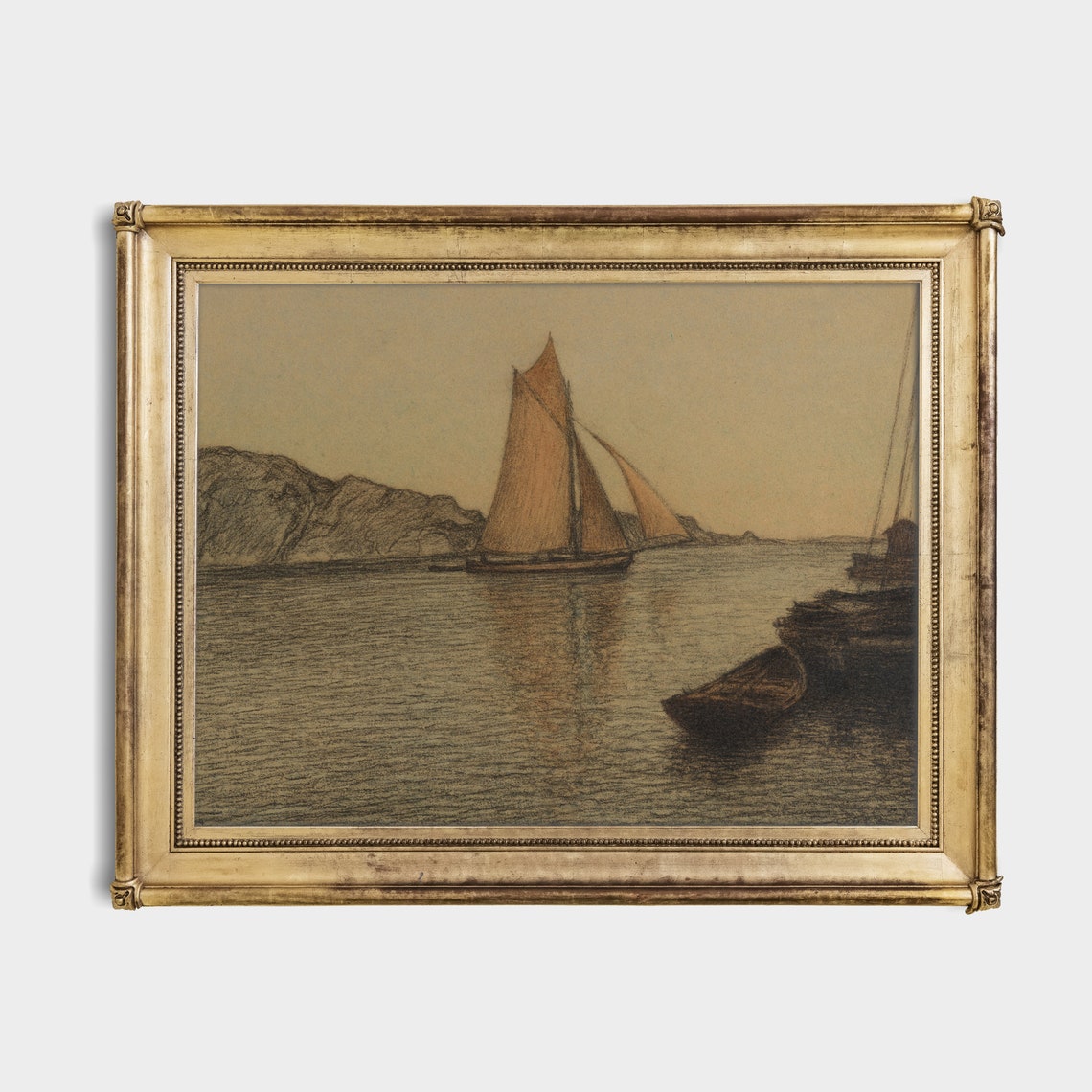 Lone Sailboat at Anchor by Rocky Cliffs at Dusk Vintage Poster - Image 2