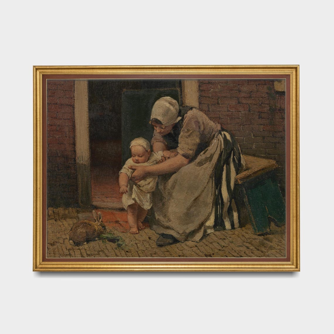 Mother Helping Toddler Walk with Rabbit Vintage Genre Poster - Image 5