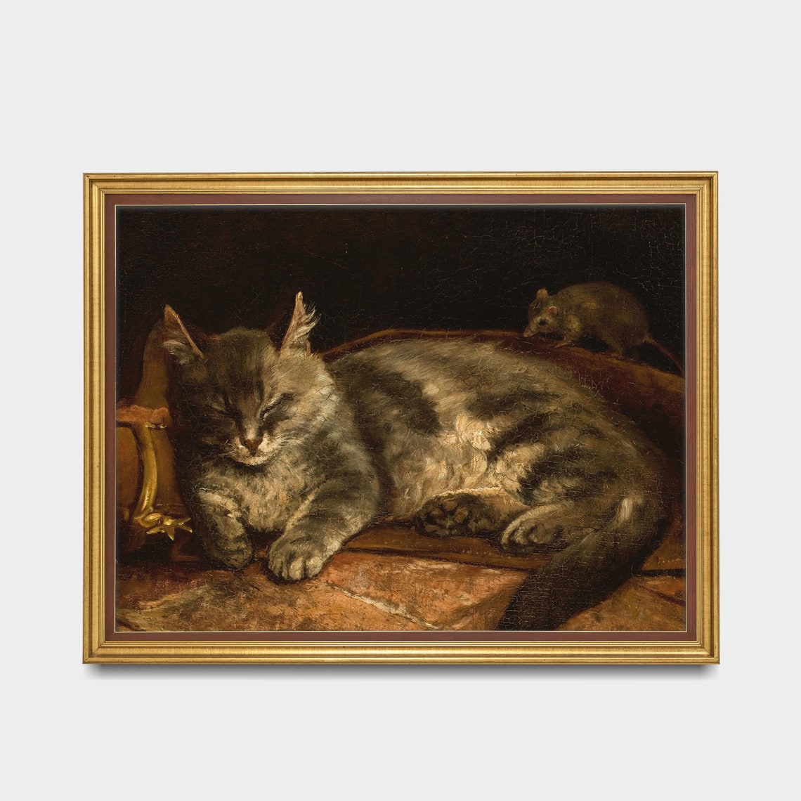 Sleeping Grey Tabby Cat with a Mouse in Moody Oil Style Poster - Image 3