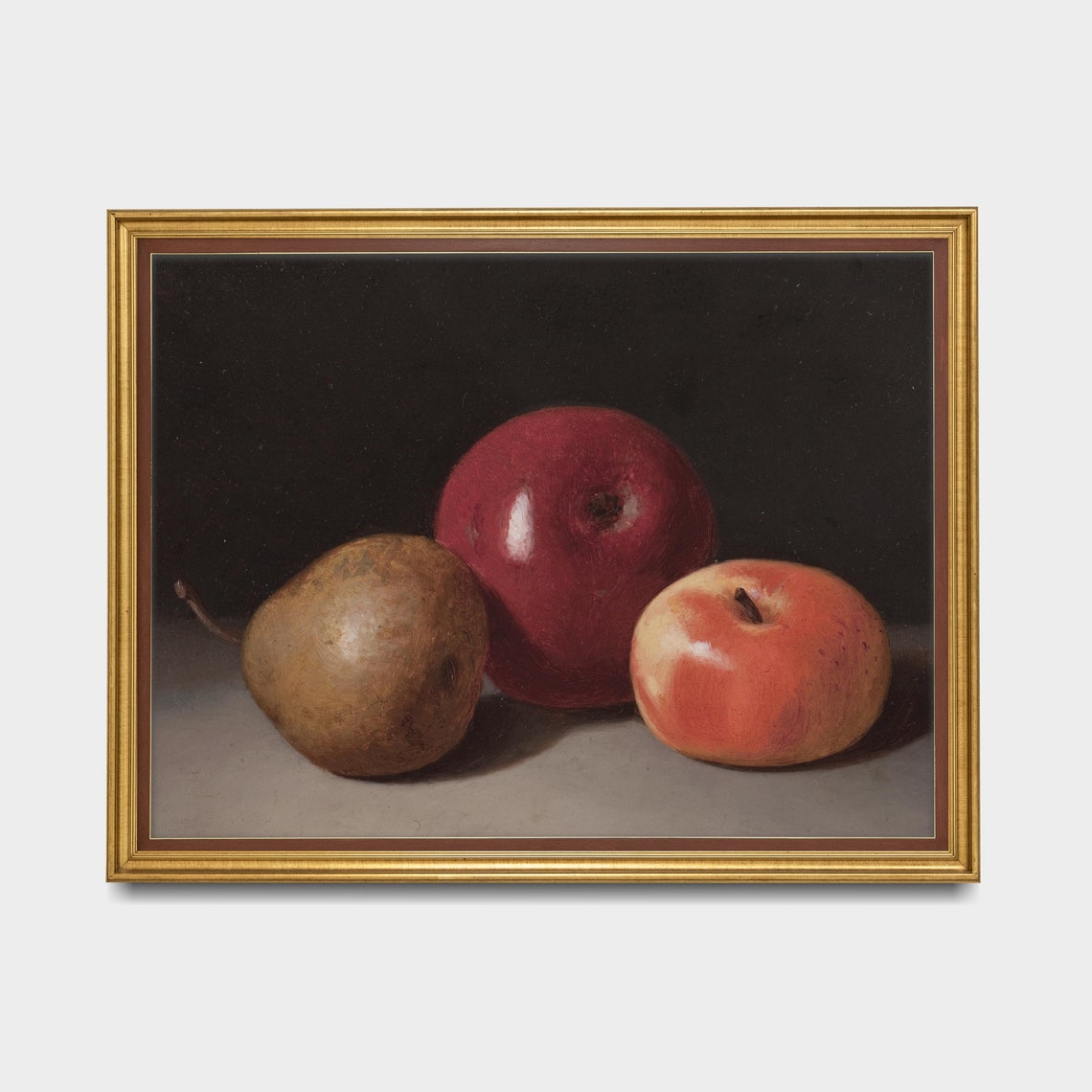 Two Apples and a Pear Resting on a Dark Moody Background Poster - Image 2