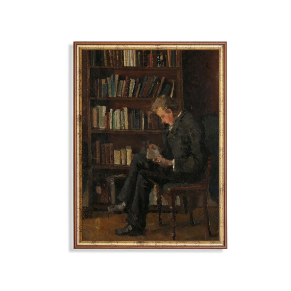 Mailed Print Vintage Portrait Painting Antique Gentleman Portrait Moody Rustic Artwork Printed And Shipped Man Reading A Book