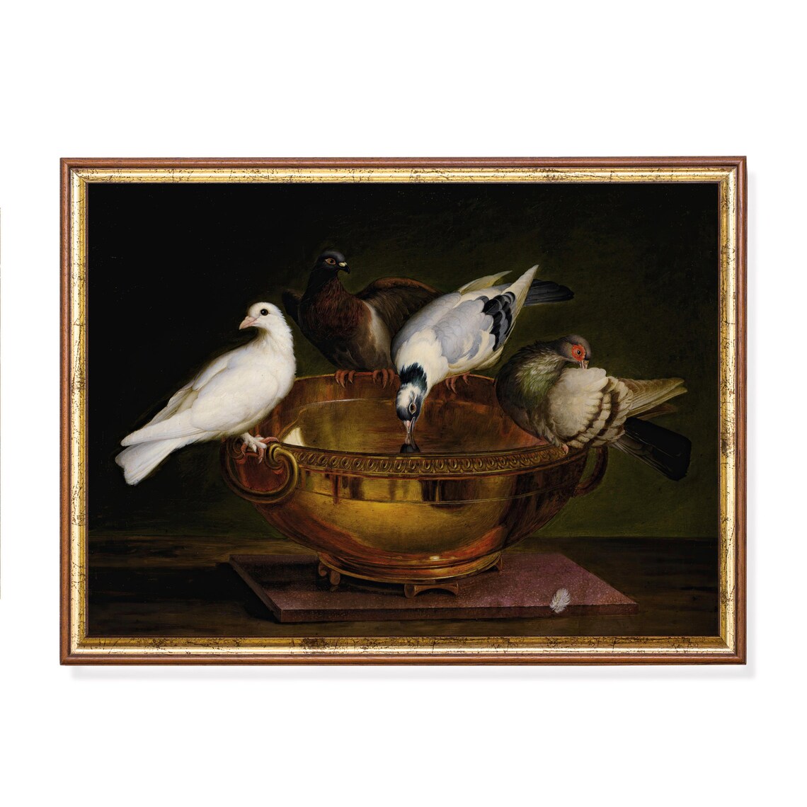 Five Doves Around a Golden Bowl Dark Background Bird Painting Poster