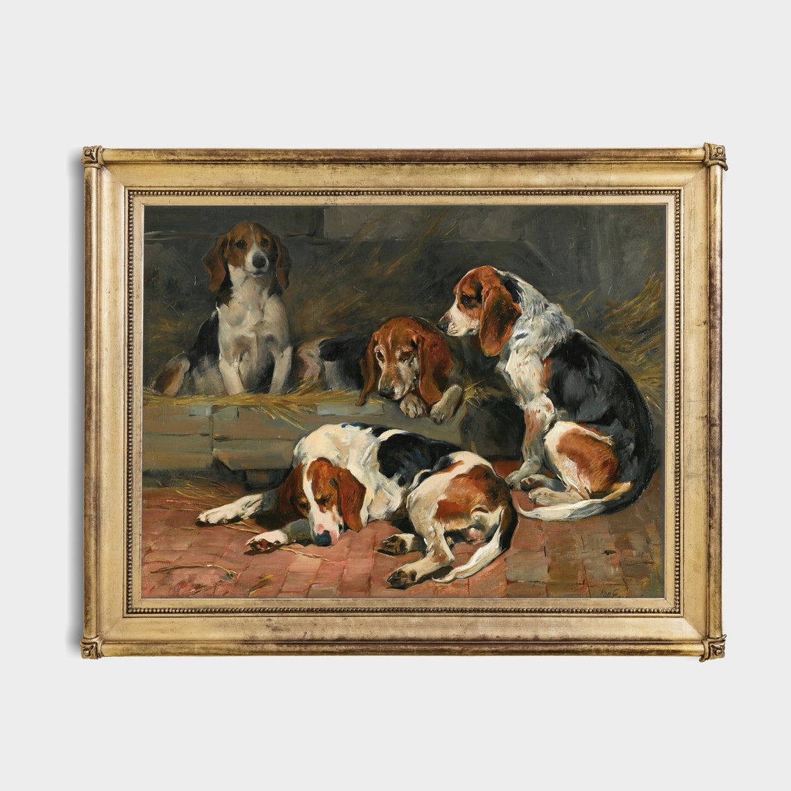 Four Beagles Resting Together in a Straw Kennel Dog Painting Poster - Image 2