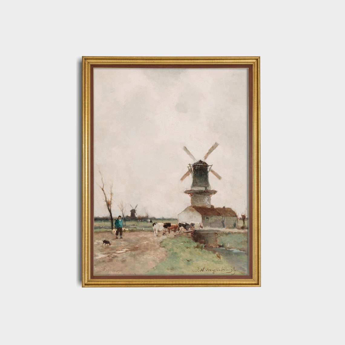 Dutch Polder Windmill with a Herdsman and Cattle Scene Poster - Image 3