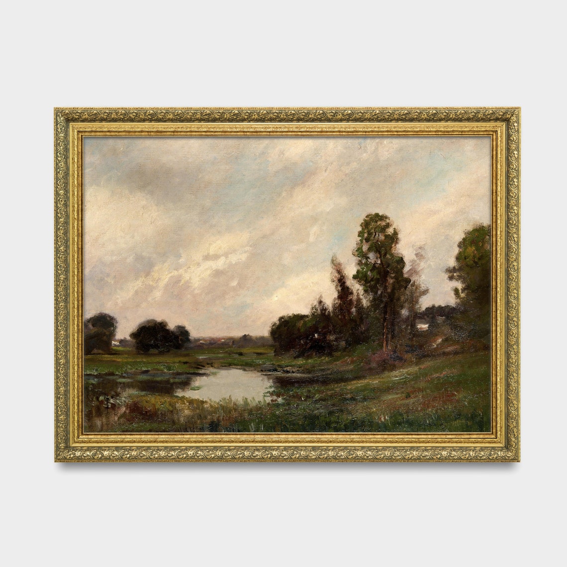 Meadow Pond Cloudy Sky Antique Rural Landscape Painting Poster - Image 3