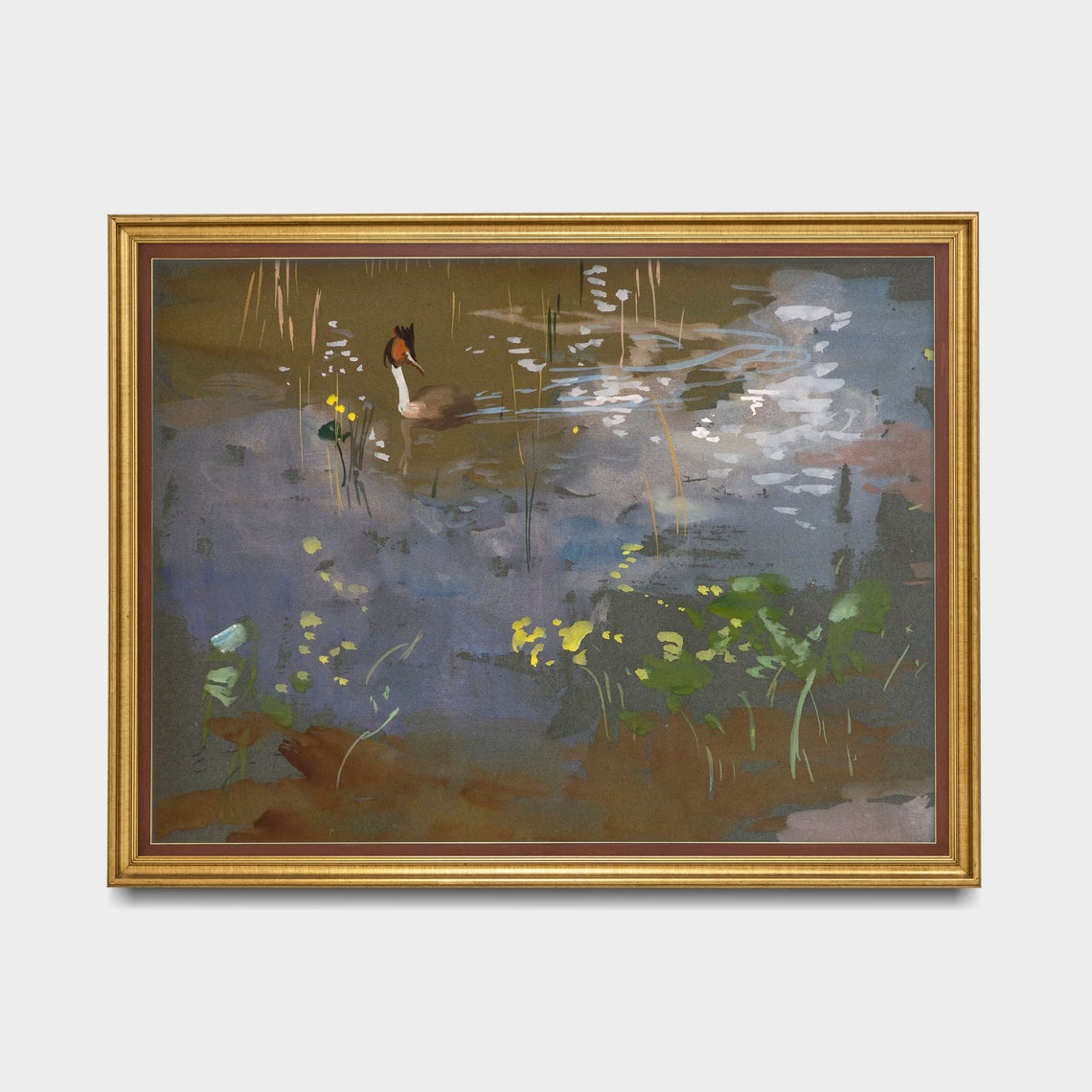 Crested Grebe Gliding Through Water Lilies and Reeds Vintage Poster - Image 5