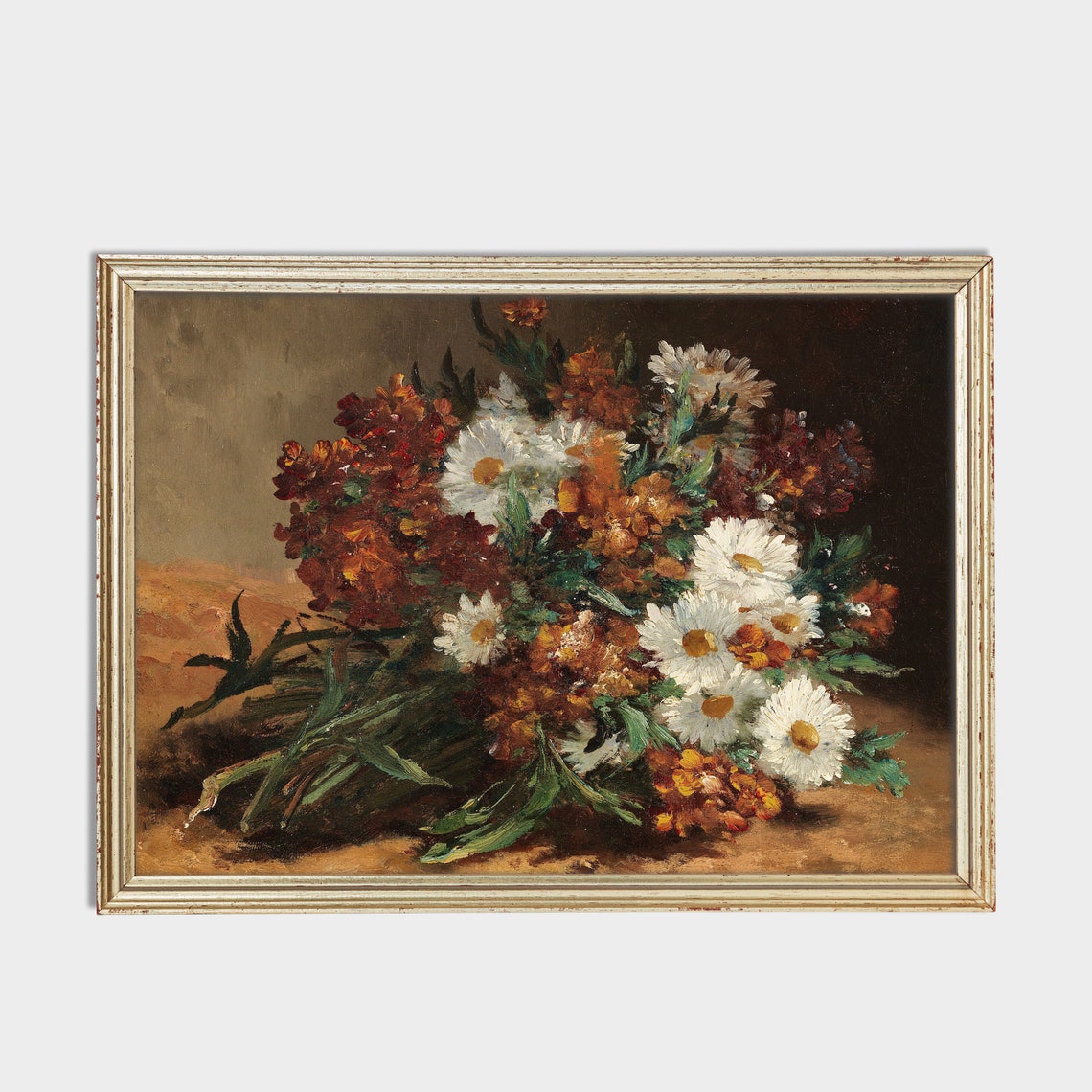 Vintage Still Life With Flowers Antique Floral Painting Fall Home Decor Moody Rustic Print Wall Art - Image 2