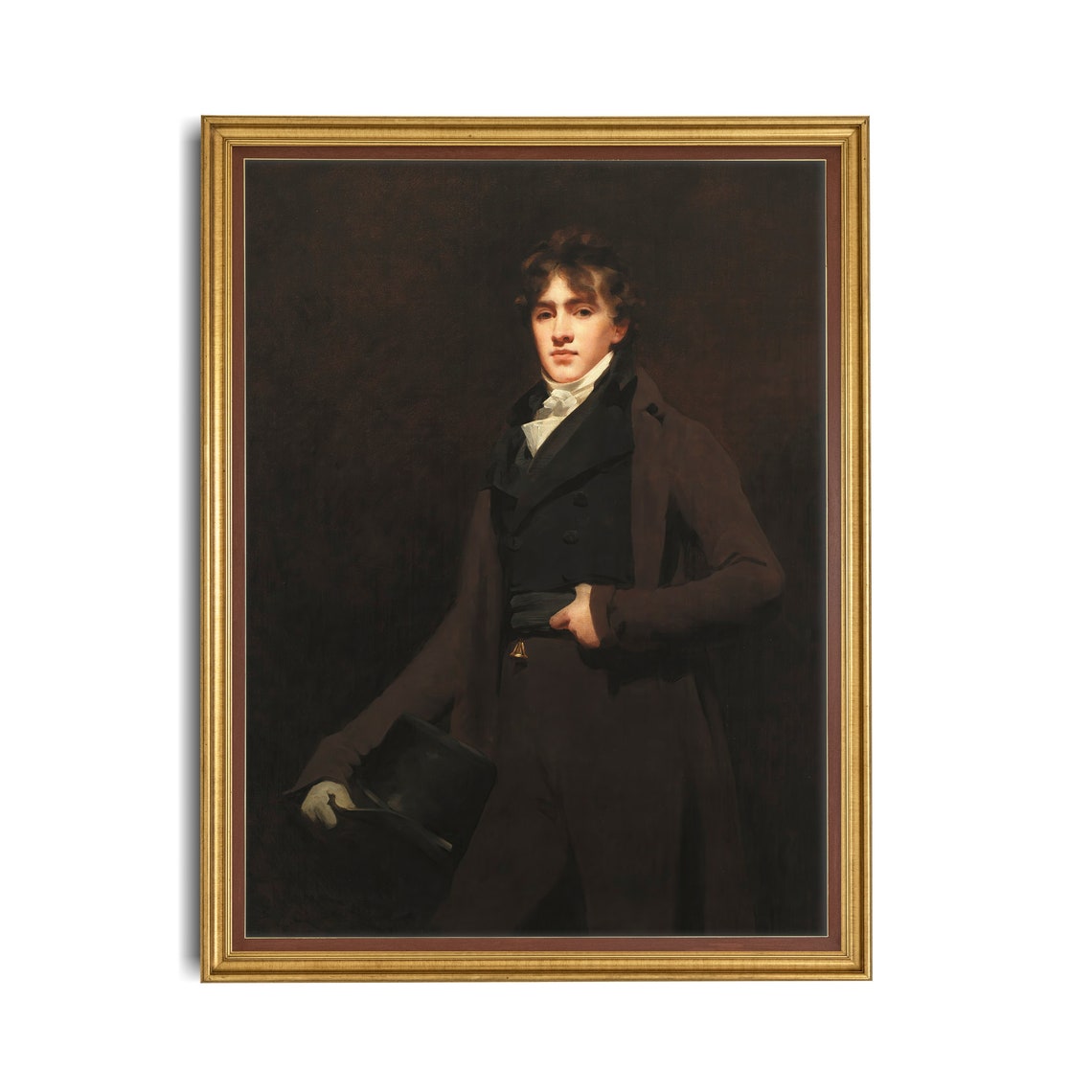 Elegant Regency Era Gentleman in Dark Coat Holding a Top Hat Poster - Image 2